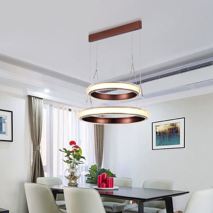 Contemporary 1/2/3-Light Ceiling Pendant Light with Crystal Shade Brown Ring LED Chandelier Lamp for Dining Room