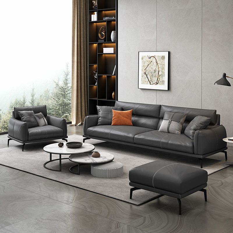 Upscale Grey Sofa with Four Legs Leather Sofa Living Room Seating