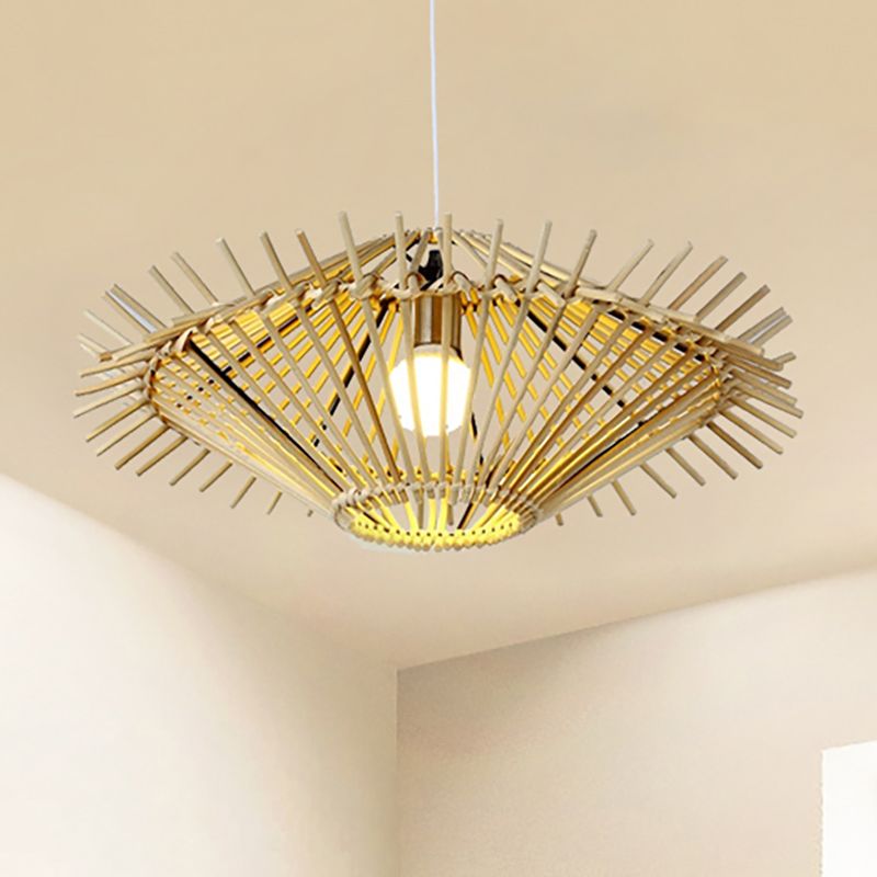 Beige/Brown Disc Pendant Light Rustic Single Bulb Bamboo Hanging Light Fixture for Restaurant Living Room