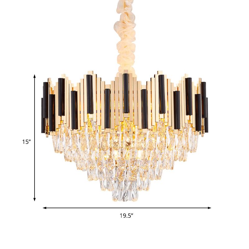 6/10 Heads Metal Hanging Pendant Light Contemporary Gold Multi Layer Ceiling Light with Clear Crystal Prism