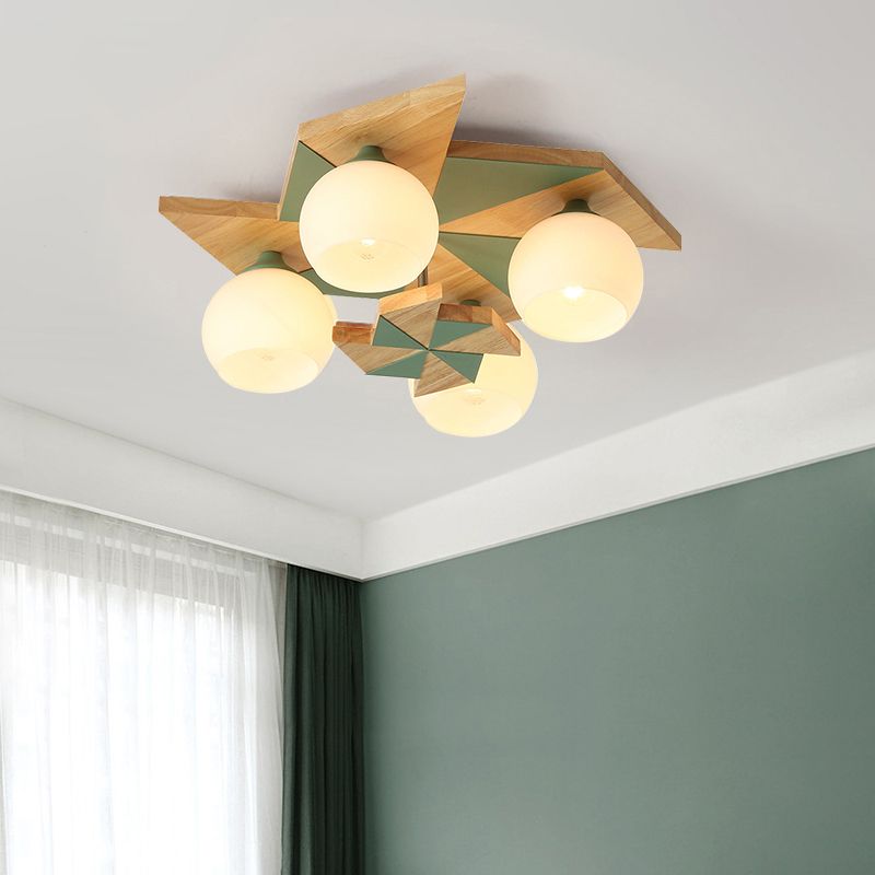 Plafonnier globe créatif moderne en bois à 4 lumières avec abat-jour en verre