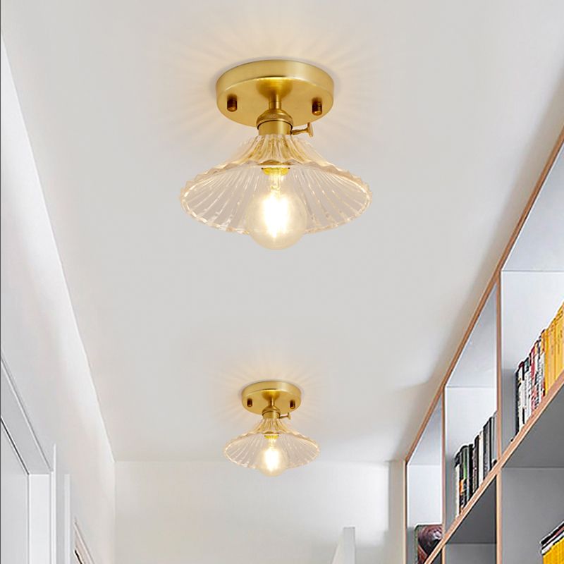 Gold Tapered Semi Flush Mount Minimalist Prismatic Glass 1 Head Corridor Ceiling Mounted Light