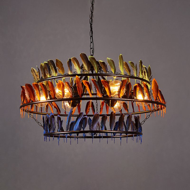 Round Feather Hanging Chandelier Lamp Art Deco Bar Ceiling Pendant Chandelier