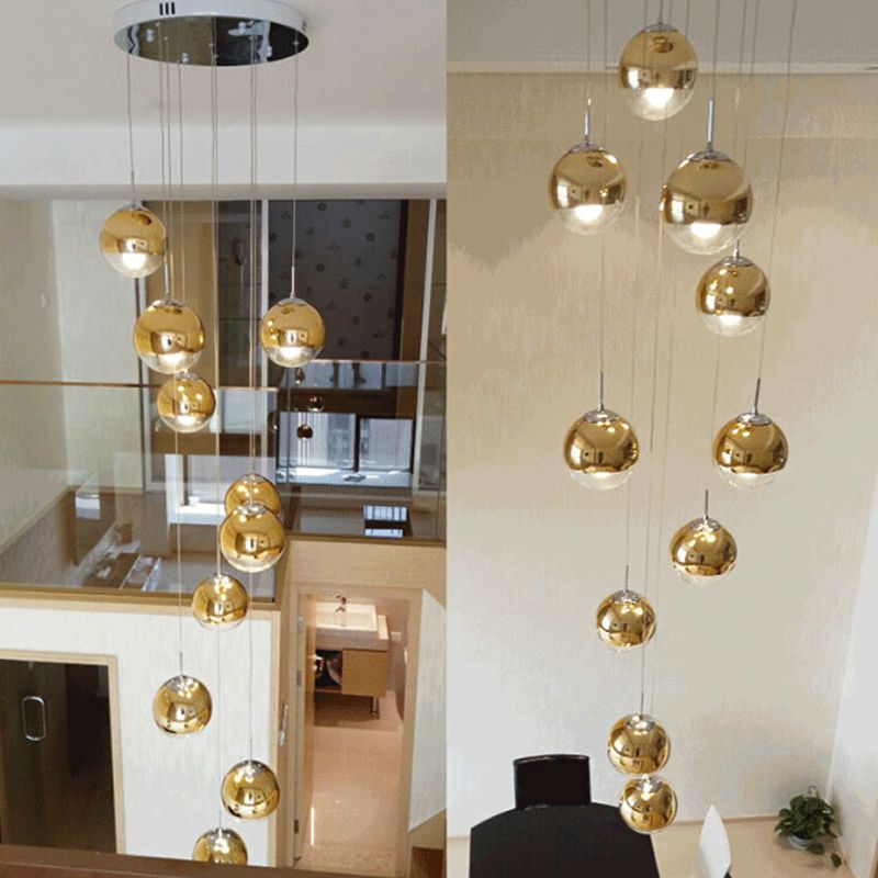 Globe Cluster Pendant Light Nordic Aluminum Stairs Suspension Lighting with Clear Glass Bottom in Gold