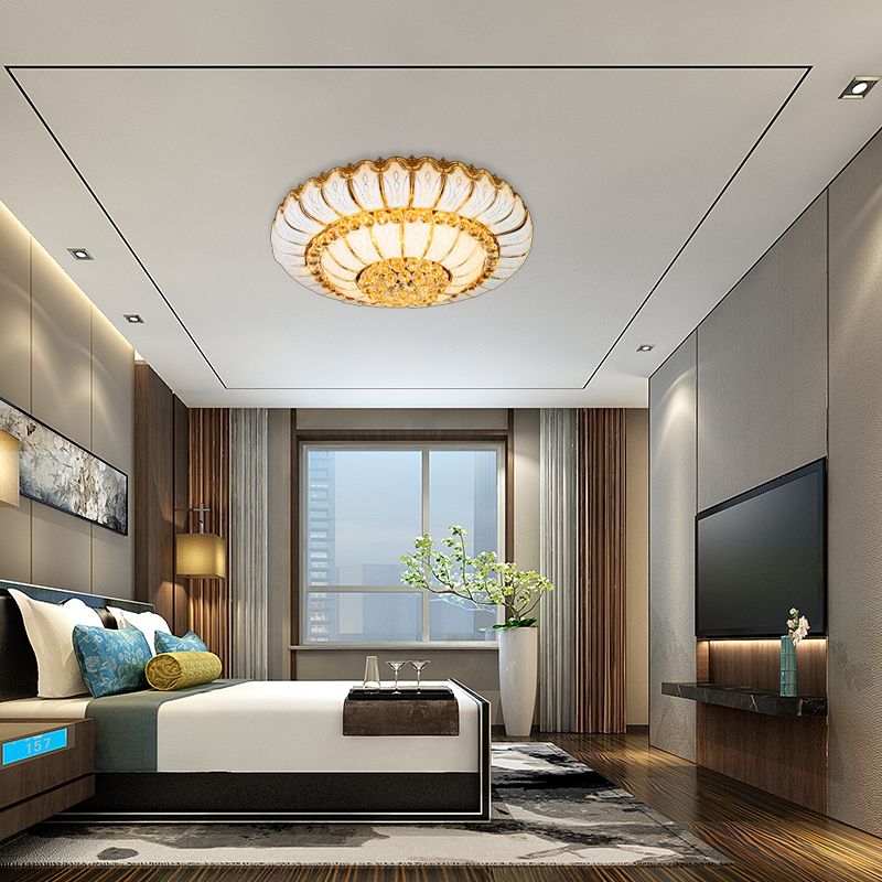 10/19 Lights K9 Crystal Flush Mount Light with Glass Round Shade Modern Flush Ceiling Lamp in Gold, 18"/23.5" Wide