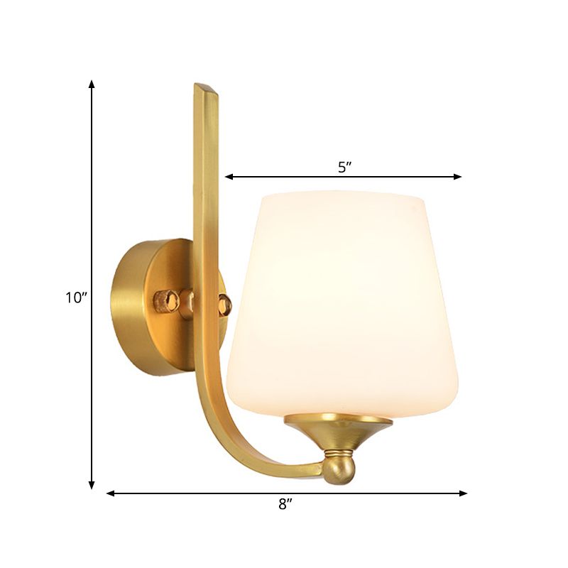 1 Bulb Sconce Lighting with Tapered Shade Milk Glass Modern Stylish Bedroom Wall Lamp in Brass