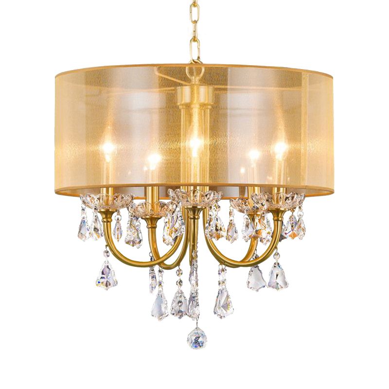 Clear Crystal Glass Candle Ceiling Pendant Light Warehouse 5 Lights Dining Room Chandelier with Drum Threaded Silk Shade in Brass