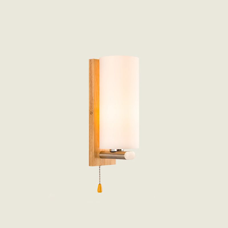 Cylindrical Bedside Wall Mounted Light White Glass Single Simplicity Wall Sconce Lighting with Pull Chain