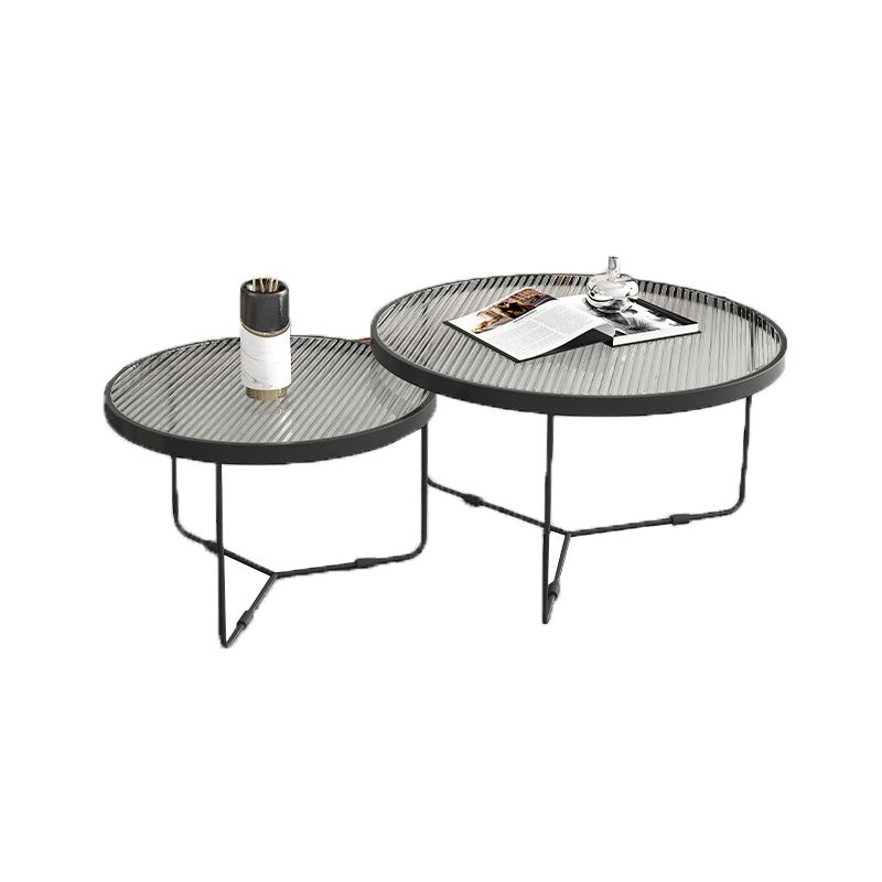 Contemporary Round Nesting Coffee Table with Glass Top and Iron Base