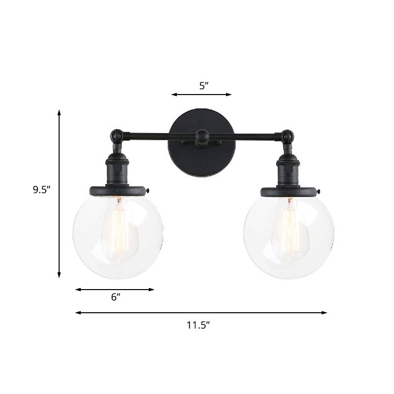 Round Living Room Wall Light Fixture Industrial Clear Glass 2-Light Black/Brass Sconce Lamp for Study Room