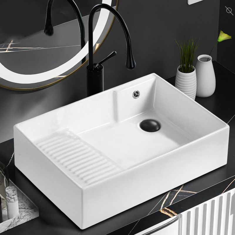 Traditional Vessel Bathroom Sink Rectangular Porcelain with Pop-Up Drain Vessel