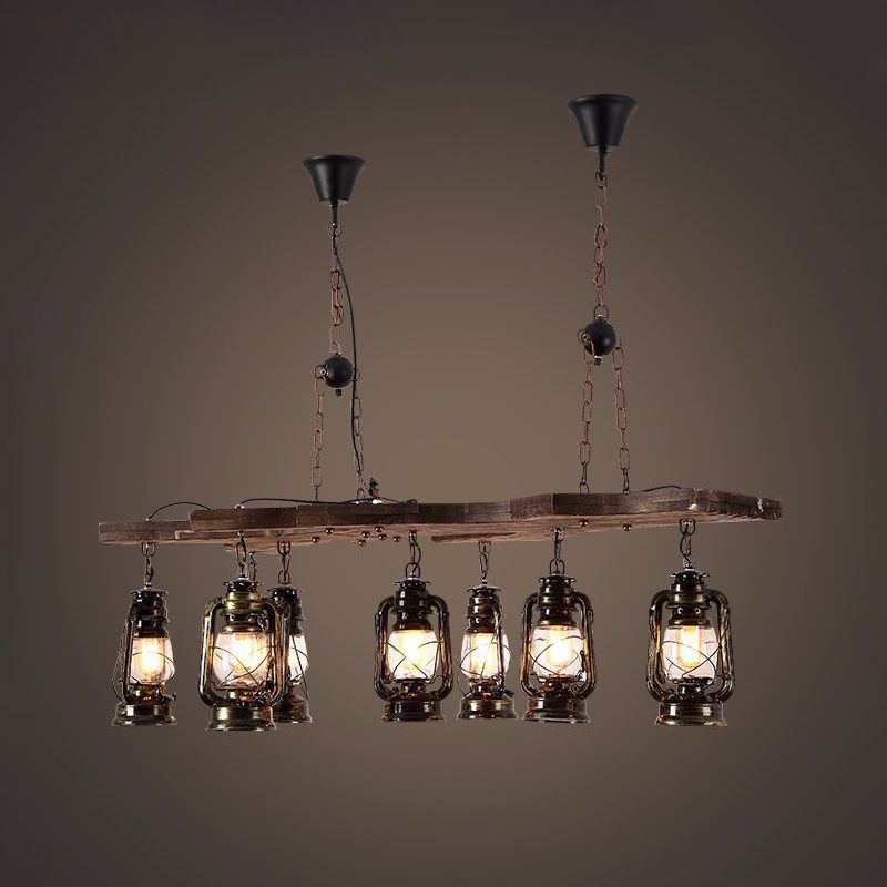 Luce lampadario lineare con tonalità lanterna Industrial Metal 8 Lights Island Lighting in ottone antico
