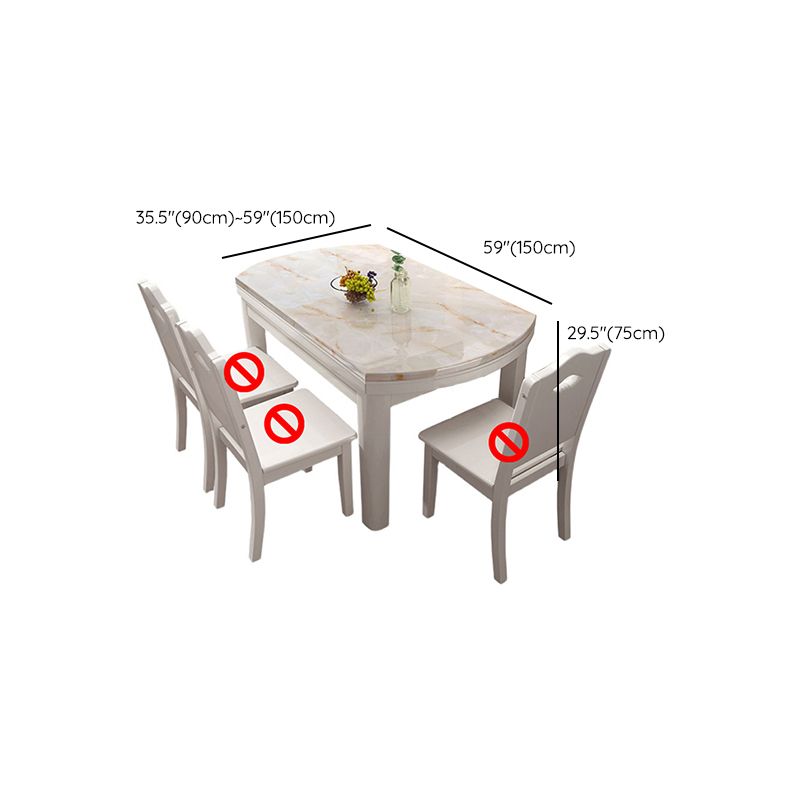 Modern Round White Stone Top Retractable Dining Table with 4 Rubberwood Legs