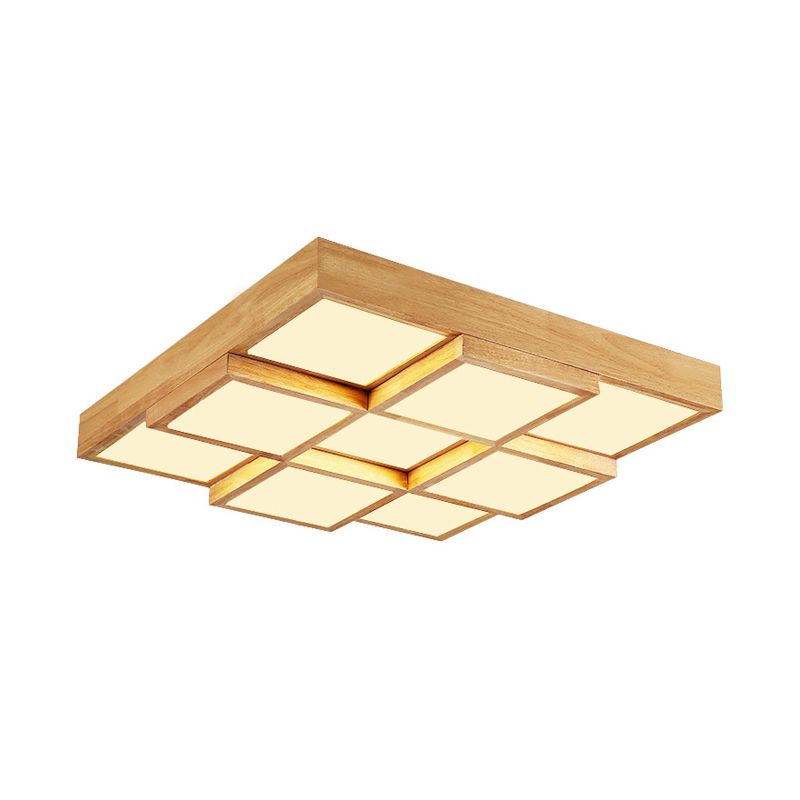 Natuurlijke Houten Vierkante Flush Licht Moderne 4/6/9-Licht Houten LED Plafond Lamp in Warm/Wit/Natuurlijk Licht