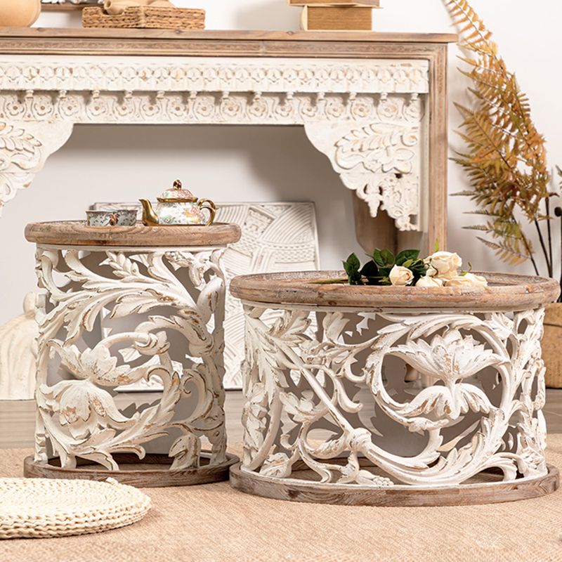 Iron Drum End Table Round Wood Tray Top Side End Table - Distressed Surface Treatment