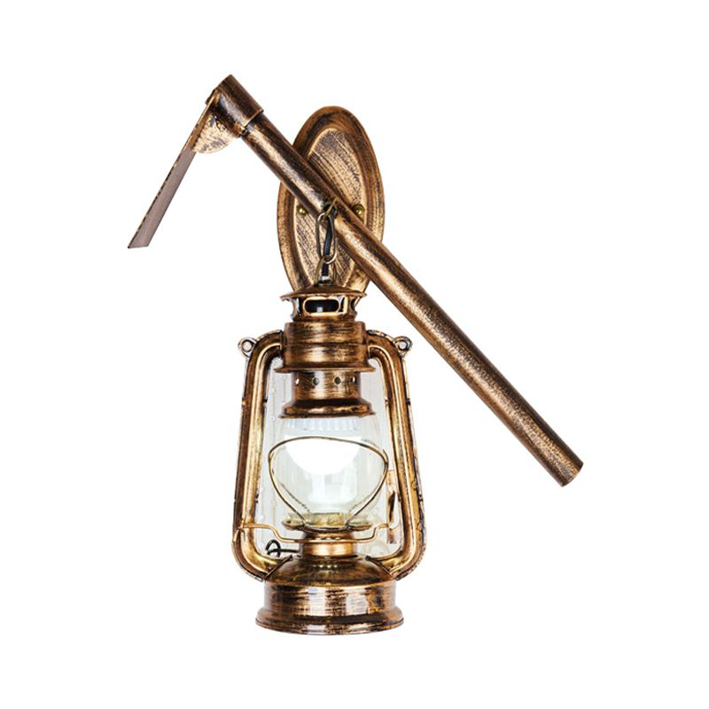 Lantern Clear Glass Wall Hanging Light Vintage 1 Bulb Living Room Sconce Lighting Fixture in Bronze with Metal Hoe Deco