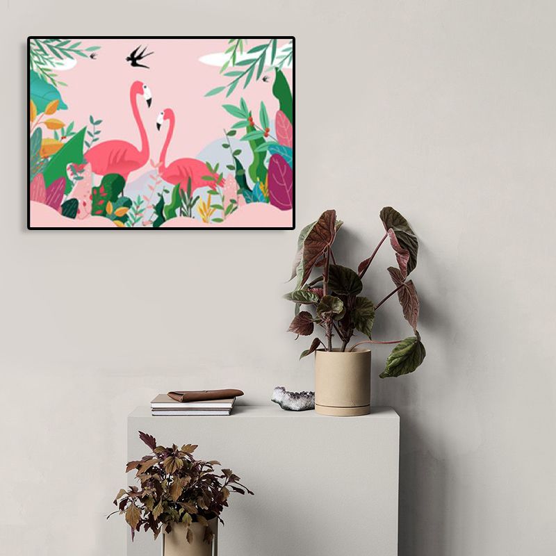 Flamingo and Plant Wall Art Tropical Textured Living Room Canvas Print in Pastel Color