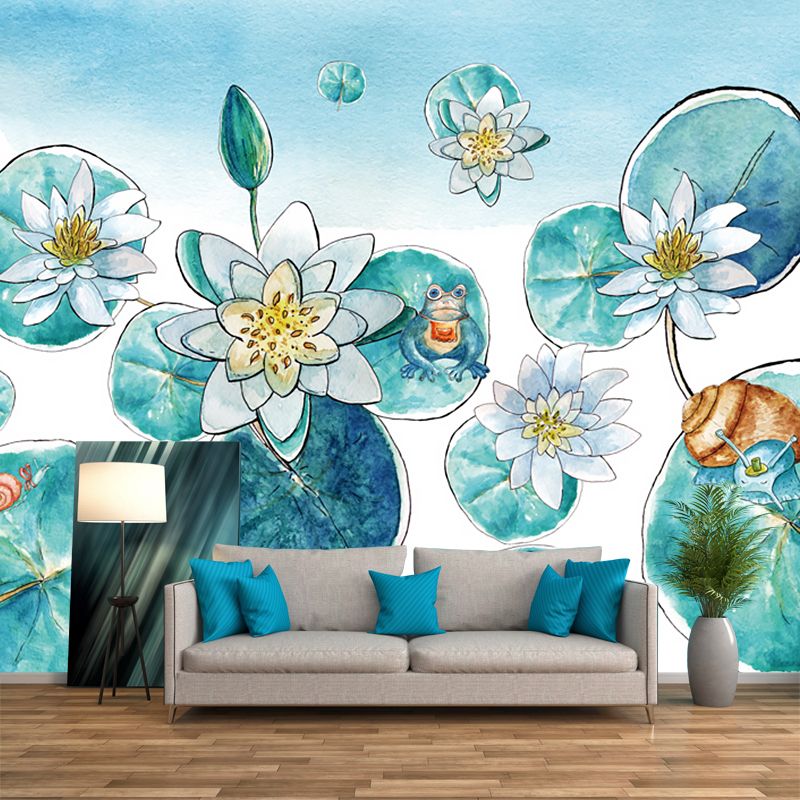 Aqua Watercolor Lotus Pond Murals Flower Asian Moisture Resistant Wall Decor for Bedroom