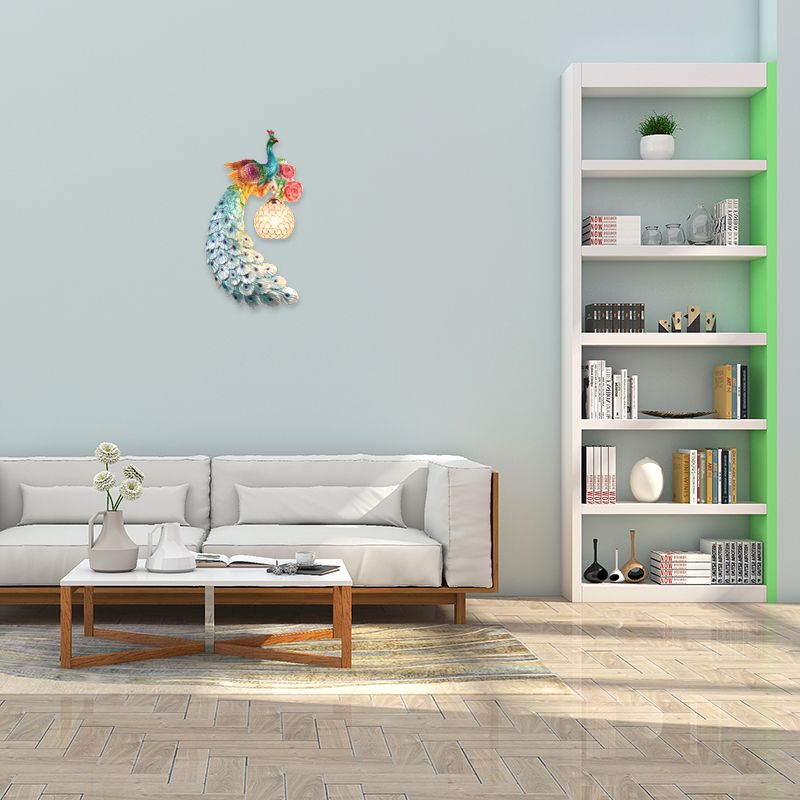 1/2-Pack Blue/Green Peacock Wall Light Fixture 8"/10" Wide 1 Head Retro Style Resin Wall Lamp with Crystal Global Shade, Left/Right