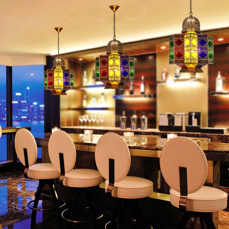 4-Head Metal Pendant Lighting Arab Lantern Stained Glass Chandelier Light Fixture in Brass