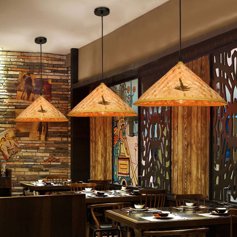 Asian Inspired Farmers Hat Pendant Bamboo Woven 1 Head Diner Ceiling Lamp in Wood