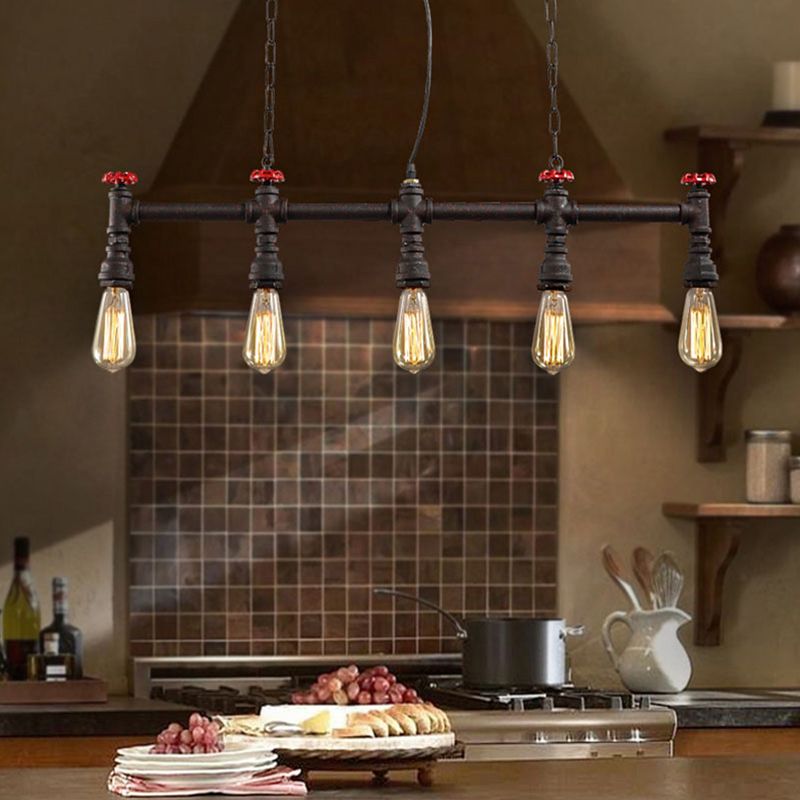 Iron Bare Bulb Island Lighting Industrial 5-Head Dining Room Adjustable Ceiling Light Fixture with Pipe and Valve