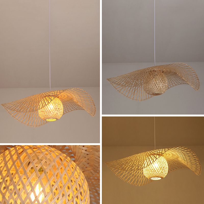 Shaded Pendant Lighting Fixture Asia-Style Bamboo Beige Suspension Pendant Light