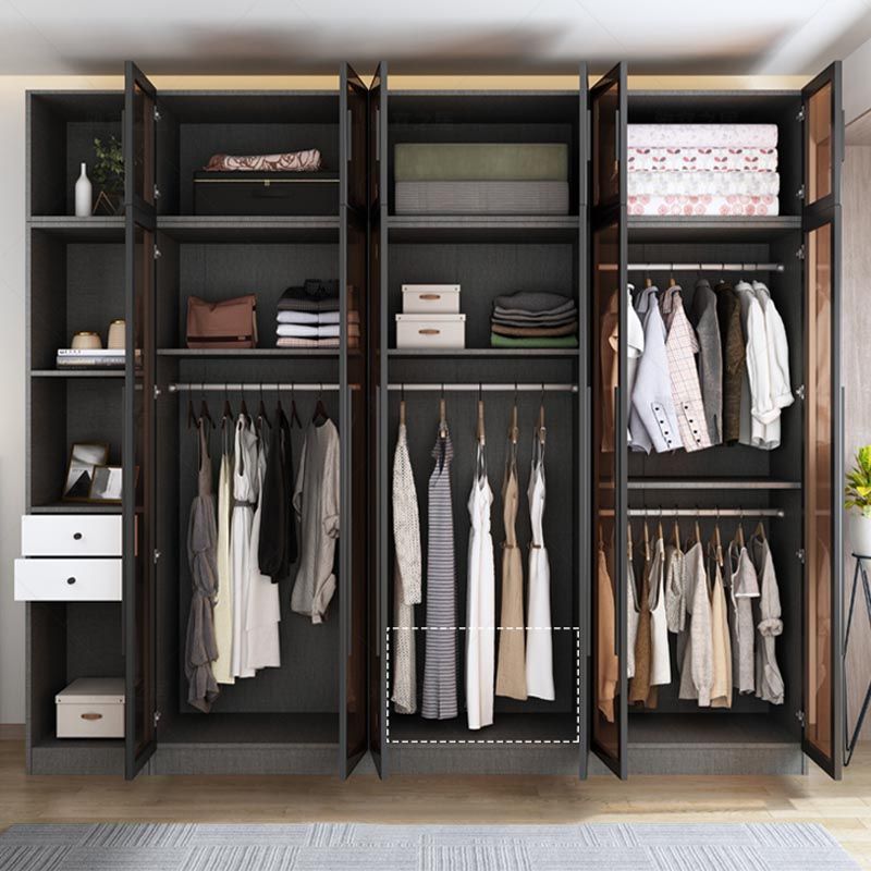 Modern Grey Wardrobe for Home Mirrored Finish Cabinet with Glass Door