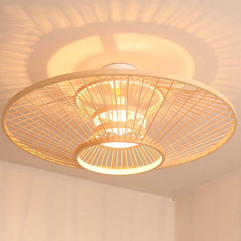 Round Shape Ceiling Lamp Asian Style Rattan 1 Light Flush Mount for Living Room