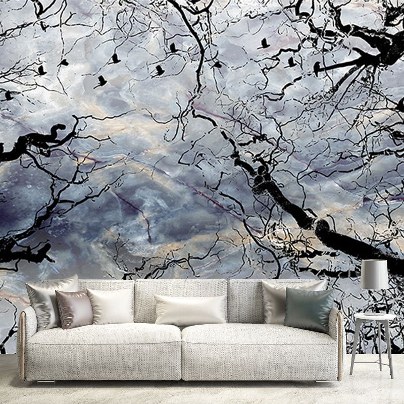Sky and Withered Tree Murals Black-Blue Contemporary Wall Covering for Living Room