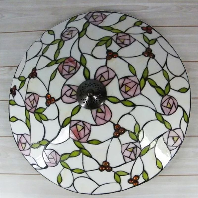 Pink and Green Bowl Flush Light with Rose Vintage Tiffany Stained Glass Flush Ceiling Light
