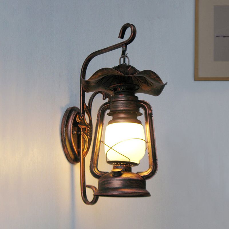 Opal Glass Antique Copper Sconce Light Kerosene 1-Light Industrial Wall Lamp Fixture
