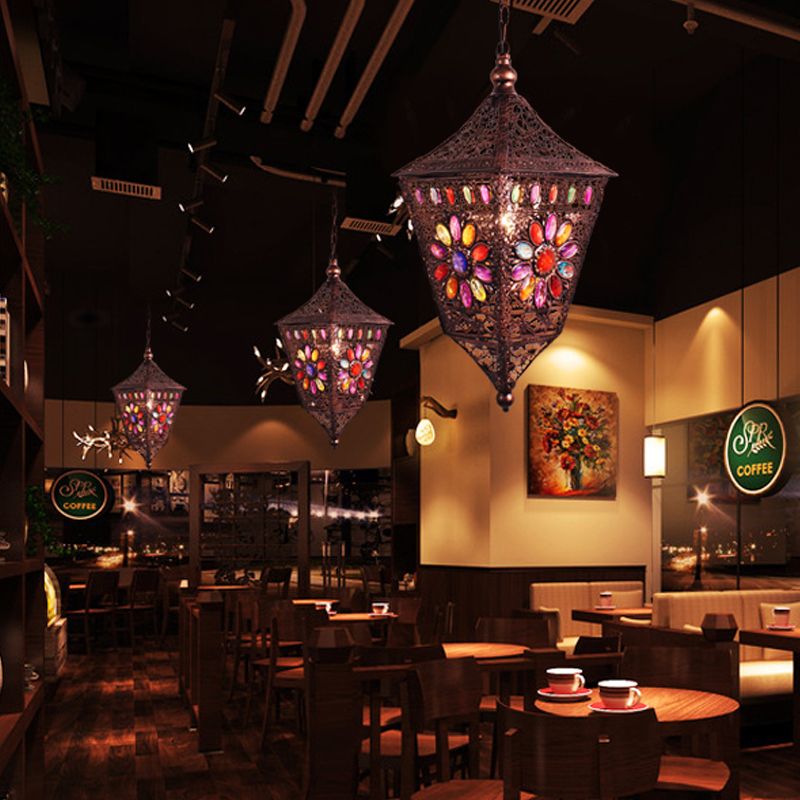 Rust Lantern Hanging Lamp Kit Traditional Metal 1 Head Restaurant Suspension Lighting