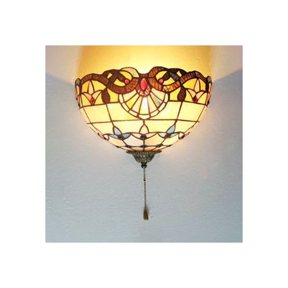 Hemisphere Light Fixture Rustic Stained Glass 1 Head Wall Mount Light with Pull Chain for Bedside