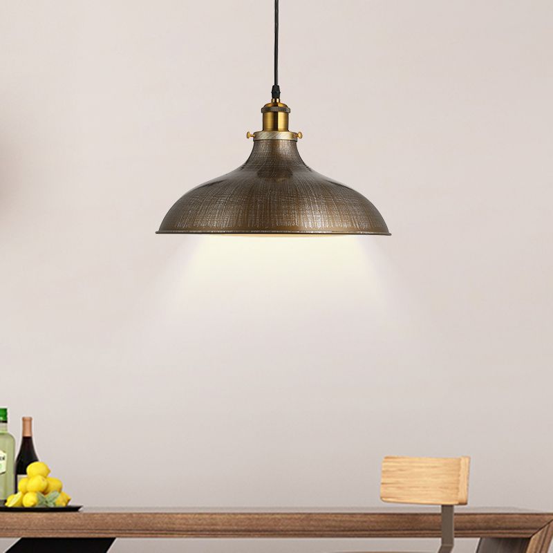 1 Light Pendant Ceiling Light Antique Style Bowl Iron Hanging Lamp with Adjustable Cord in Brass/Aged Silver
