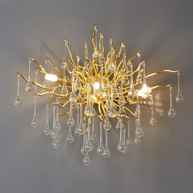 Starburst Wall Mount Light Art Deco Clear/Smoke Gray/Multicolor Waterdrop Crystal 3 Heads Gold Sconce Light Fixture