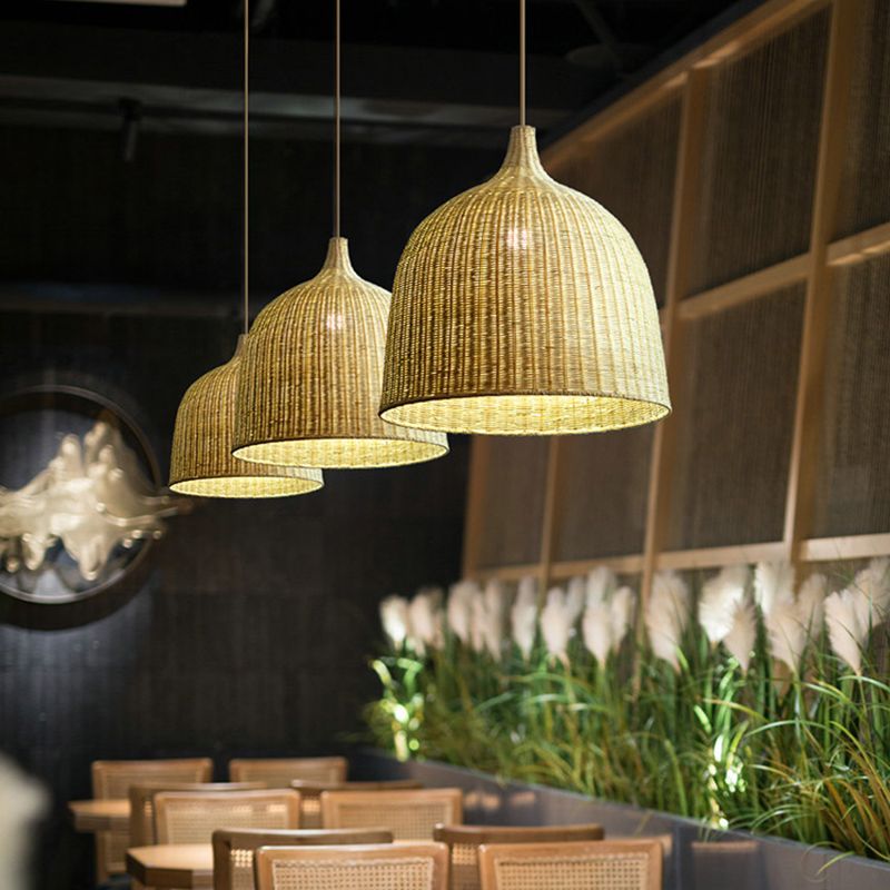 Chinese Bell Pendant Lighting Fixtures Rattan Hanging Light with Hanging Cord for Restaurant