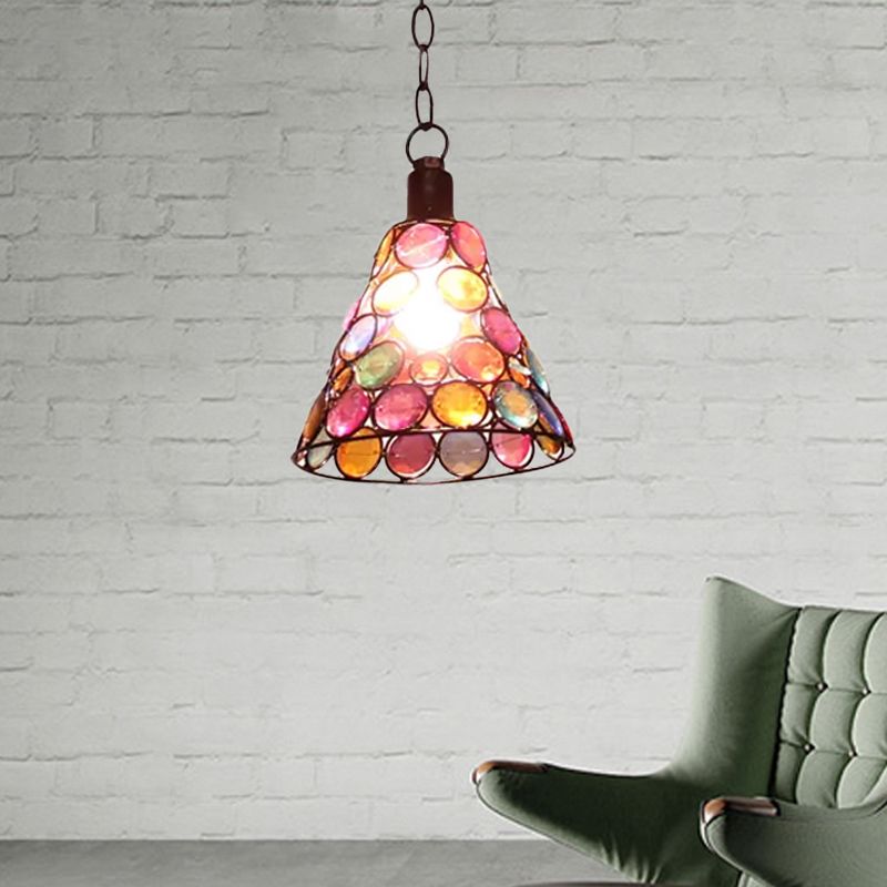 7"/12.5" Tall 1 Light Stained Glass Hanging Lamp Antique Rust Conical Restaurant Down Lighting