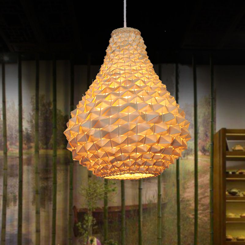 12"/14"/16" Wide Wood Teardrop/Globe/Dome Drop Light Chinese Single Bulb Beige Hanging Pendant for Dining Room