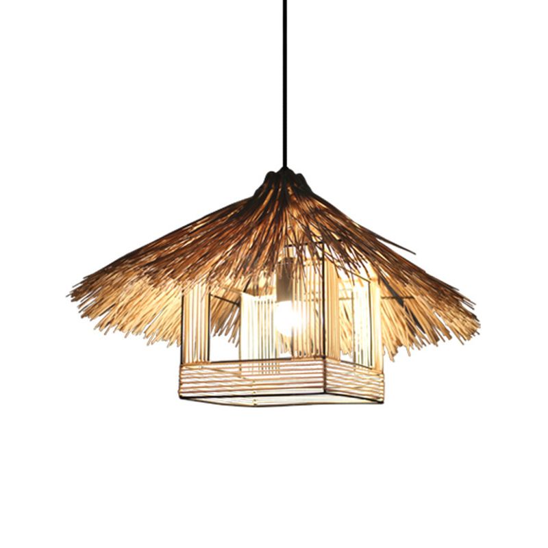 Beige House Ceiling Lamp Chinese 1 Head Bamboo Hanging Light Fixture for Dining Room