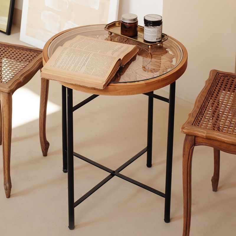 Dia 19.7" Cross Legs End Table Distressed Wood Side Table with Engraved Design