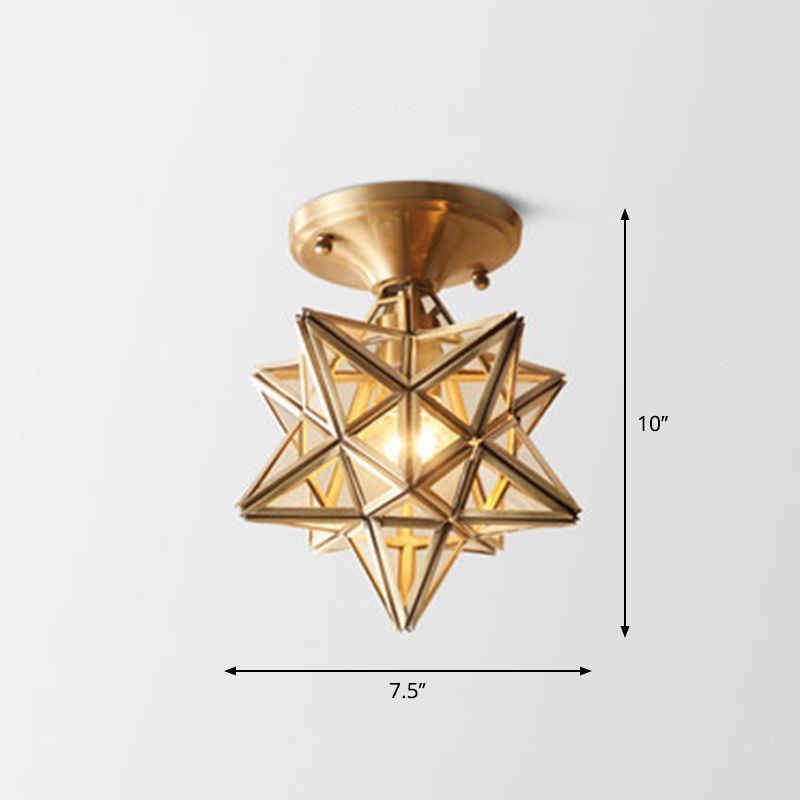 Geometrische Deckenlampe im Kolonialstil, 1 Glühbirne, halbbündiges Licht aus transparentem Glas in Messing