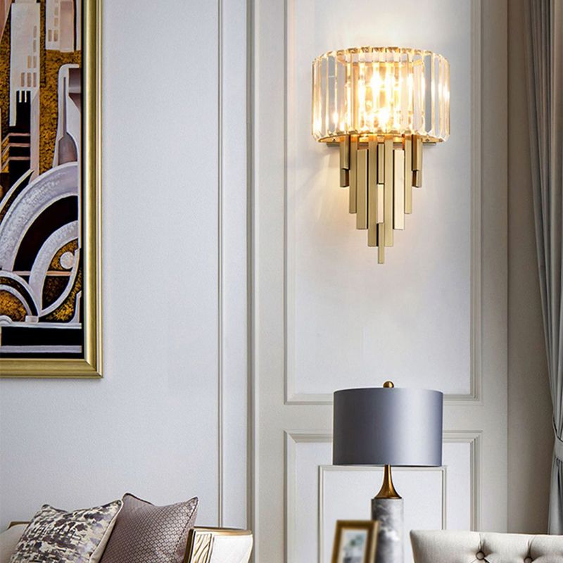 2 Light Metal and Crystal Wall Sconce Brass and Clear Wall Mounted Fixture