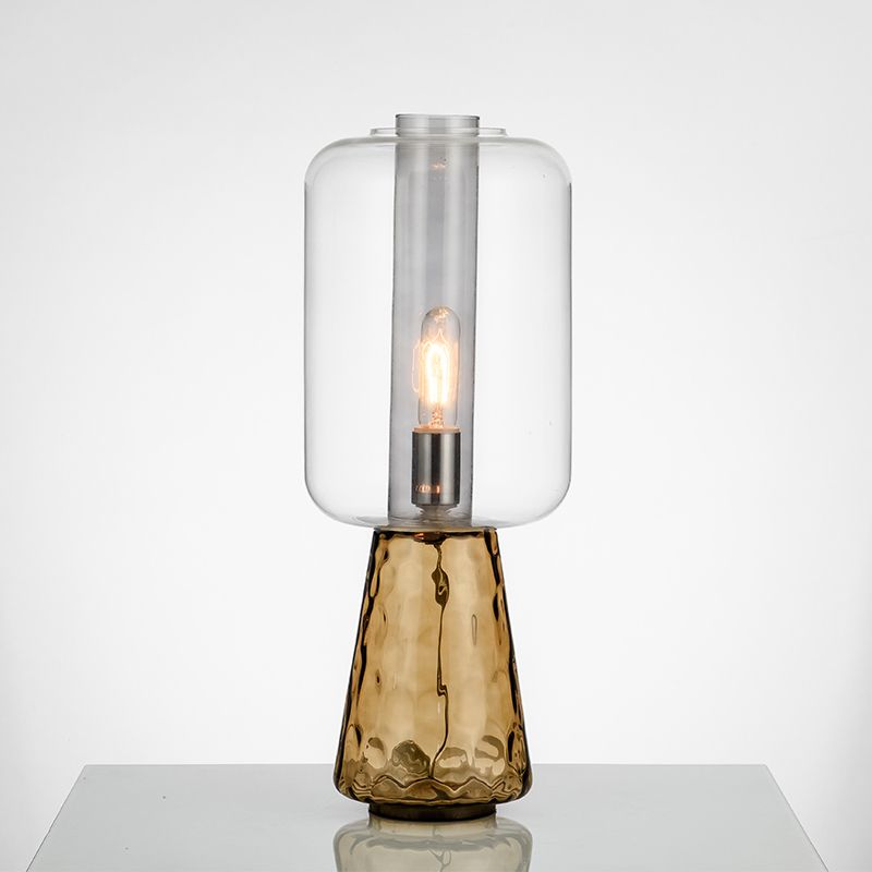 Lampada da tavolo trapezoidale per camera da letto, grigio fumo chiaro/cognac, in vetro acqua, a 1 luce, postmoderna, con paralume cilindrico