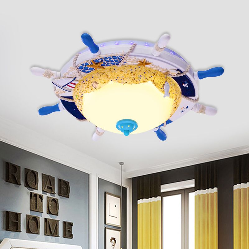 Dome Opal Frosted Glass Ceiling Light Kids White LED Flush Mount Fixture with Rudder Canopy and Marine Element