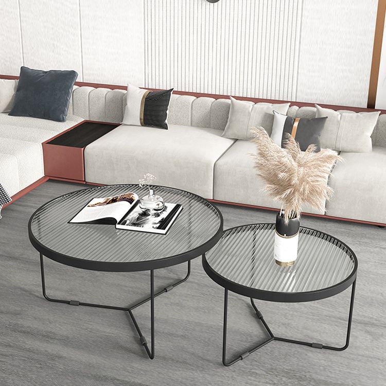 Round Clear Glass Cocktail Table Set Contemporary Cross Legs Coffee Table in Black
