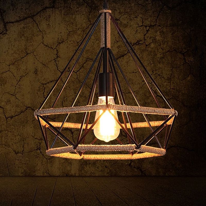 Black Rope Geometric Cage Ceiling Light Industrial Loft Hanging Light for Dining Room