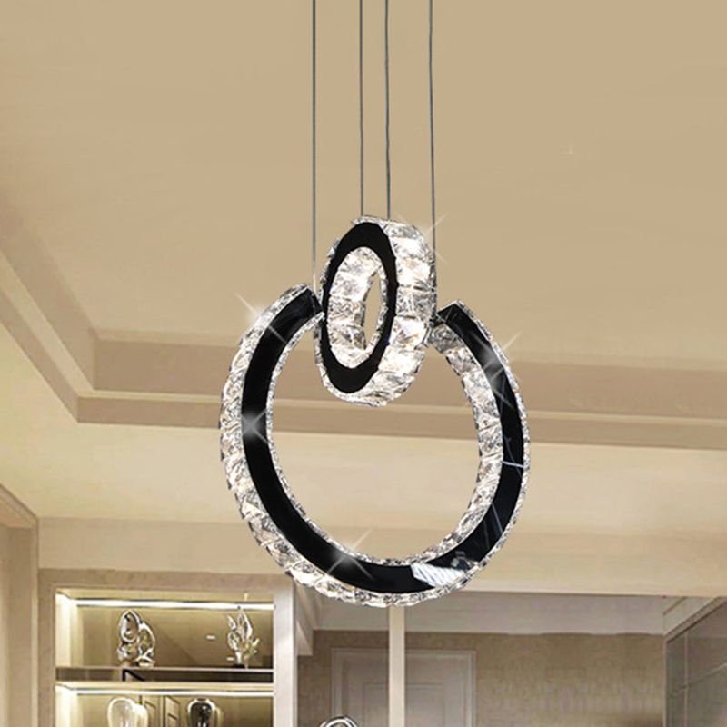 Minimalist Ring Crystal Chandelier Lighting Fixture LED Hanging Ceiling Light in Black