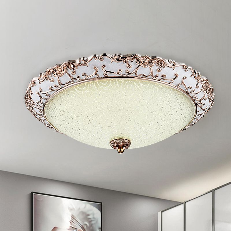 Bowl-Shaped Bedroom Flush Mount Traditional White Glass LED Beige Flushmount with Carved Trim