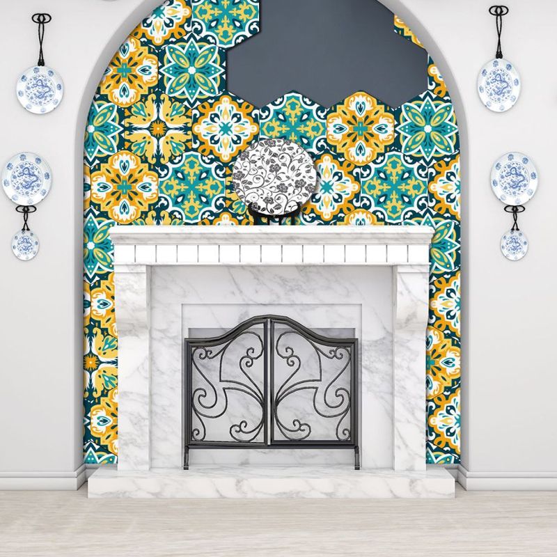 Ethnic Flowers Stick On Wallpaper Panels for Living Room, Yellow-Green, 9' L x 8" W